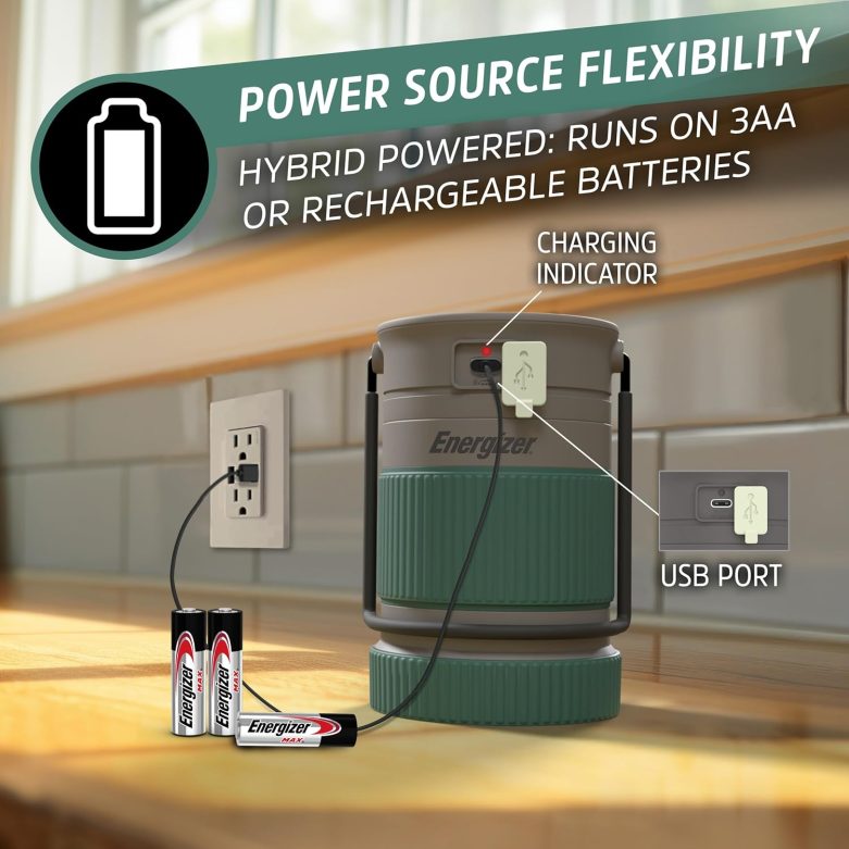 Energizer S-500 Hybrid Power Camping Lantern, Solar, Rechargeable, or AA Battery Powered, IPX4 Water Resistant Bright LED Lantern - Image 3