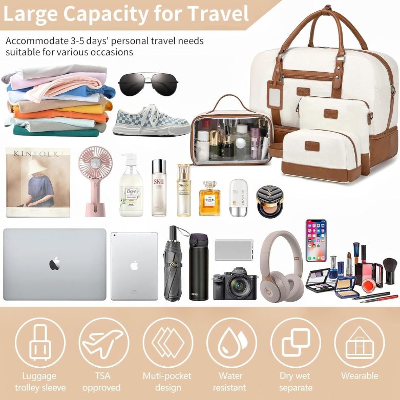 Weekender Bags for Women Large Overnight Bag Weekend Travel Duffel Bag Carry on Shoulder with Shoe Compartment Toiletry Bag for Travel Business Gym - Image 6